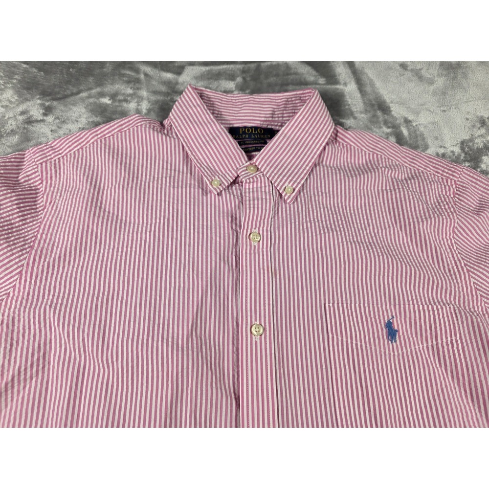 Polo Ralph Lauren Untucked Fit S/S Pink,White Stripe‎ Seersucker Button Shirt XL